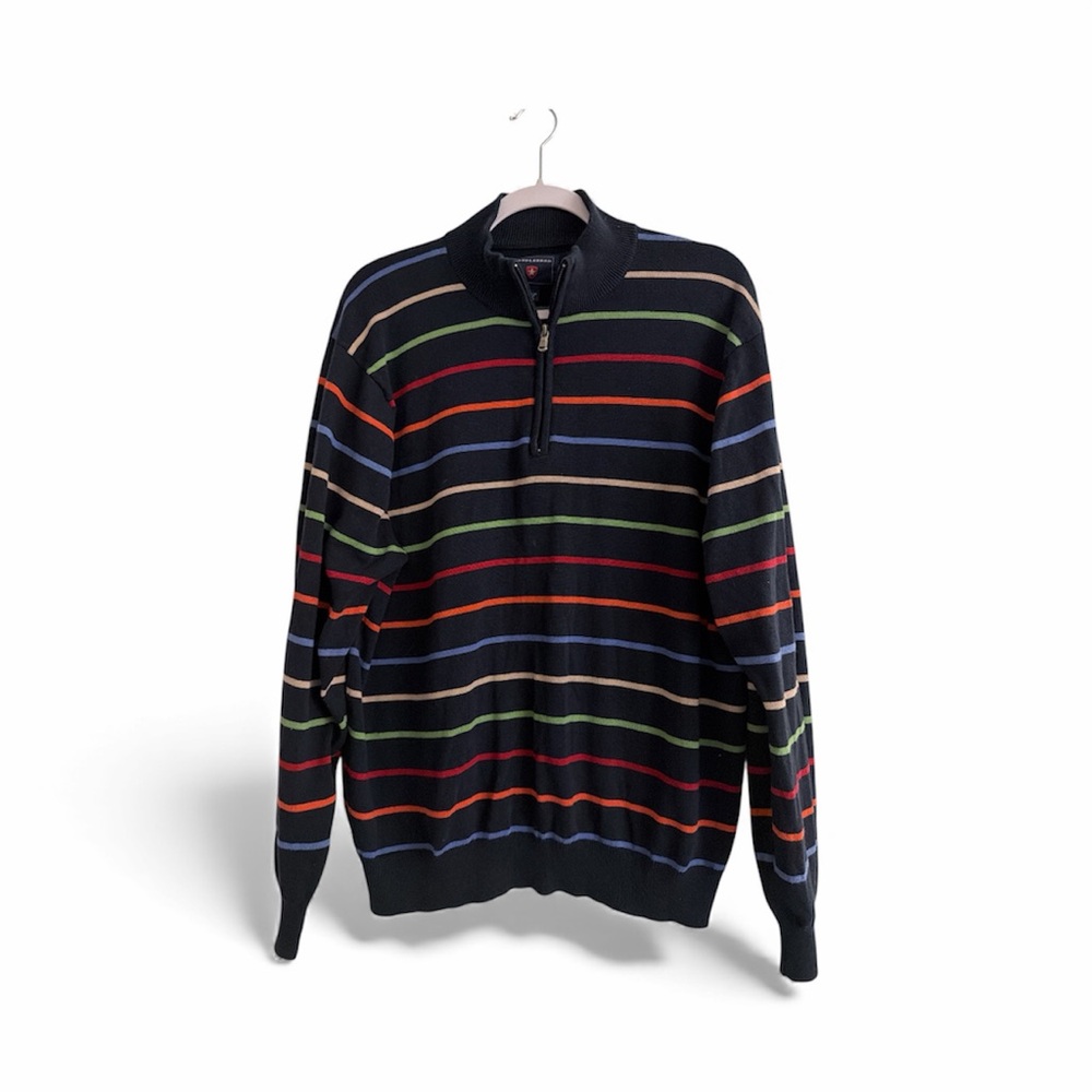 Saddlebred Men's Zip-Up Sweater - Black with Multicolor Stripes Preowned